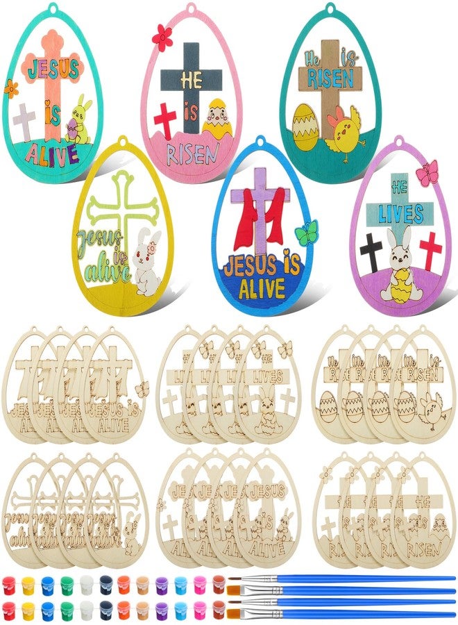 DoubleFill مجموعة DoubleFill المكونة من 26 قطعة من بيض عيد الفصح الديني للأطفال، مجموعة زينة بيض خشبي "قام يسوع" يمكنك تلوينها بنفسك، مثالية لأنشطة فصول مدارس الأحد وحفلات الأطفال. - Image 1